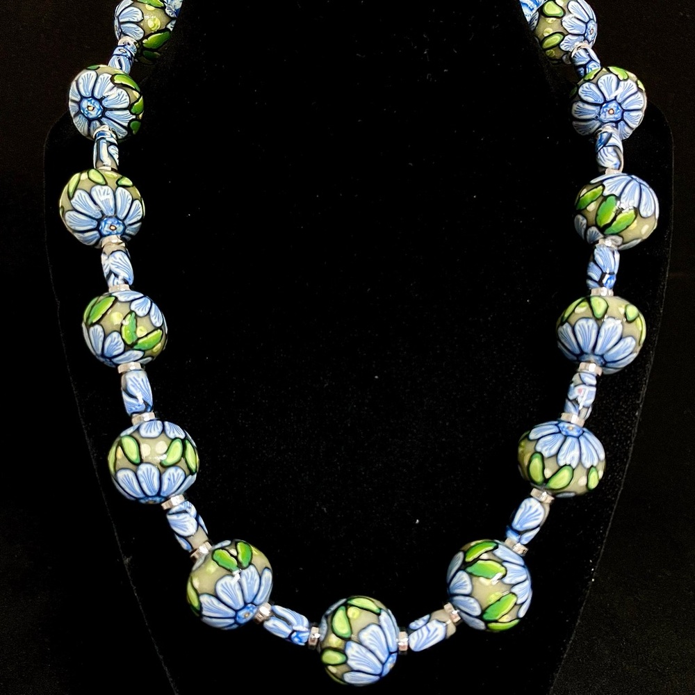 Blue and Green Beaded Necklace with Silver Toned Accent Beads